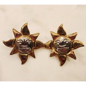 Vintage Sun Face Earrings Gold Tone Celestial Smiling Whimsical Sunburst Sky